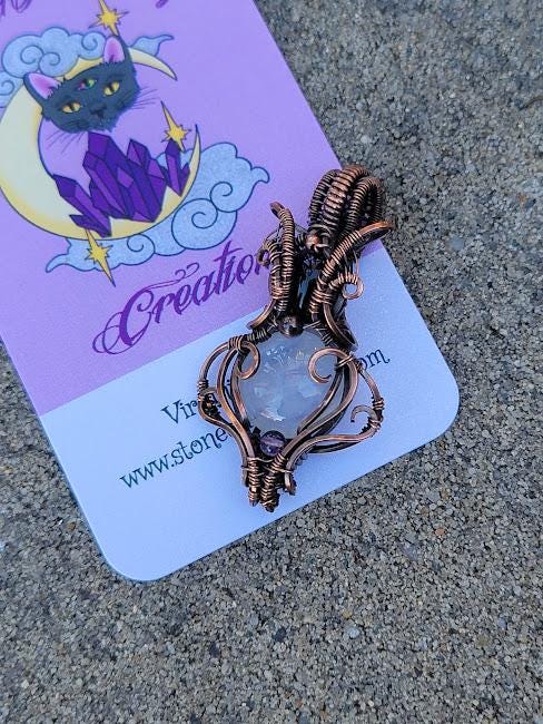 Moonstone with Amethyst in Antiqued Copper Hand Wrapped Pendant