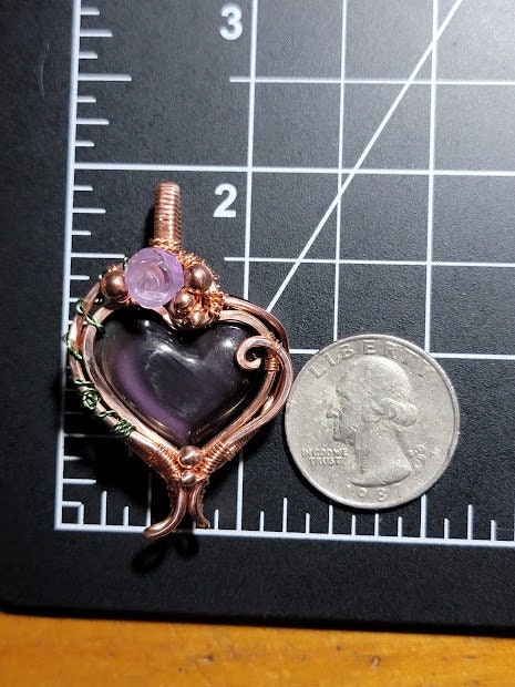 Purple Flash Rainbow Obsidian Heart w/ Amethyst Rose in Bright Copper Pendant