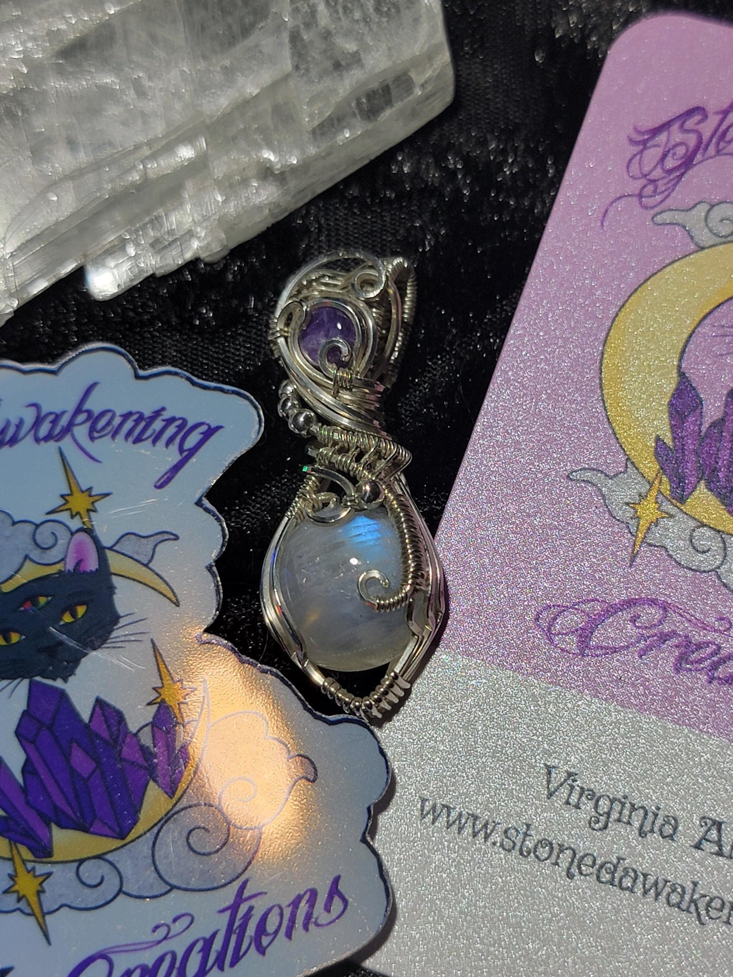 Rainbow Moonstone w/ Charoite in Sterling Silver