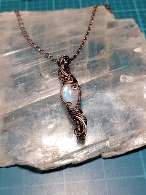Rainbow Moonstone in Antiqued Copper Double Bail Pendant