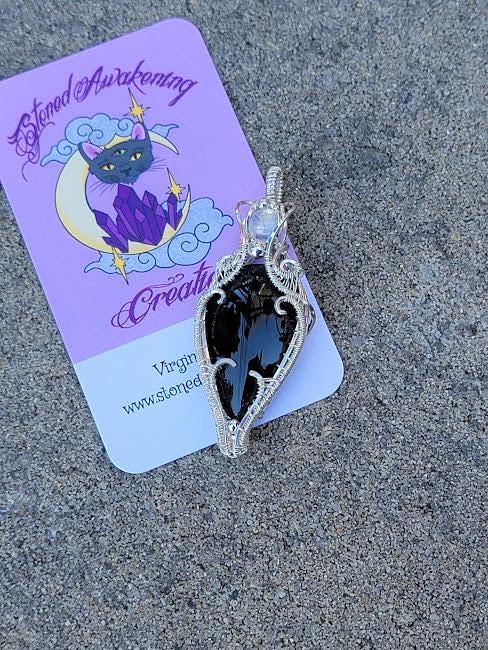 Silver Sheen Obsidian w/ Moonstone Accent in Sterling Silver Wire Wrapped Pendant
