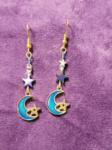 Dangly Celestial Earrings w/ Rainbow Hematite Stars & Moonstone Beads on Gold Plated Wire