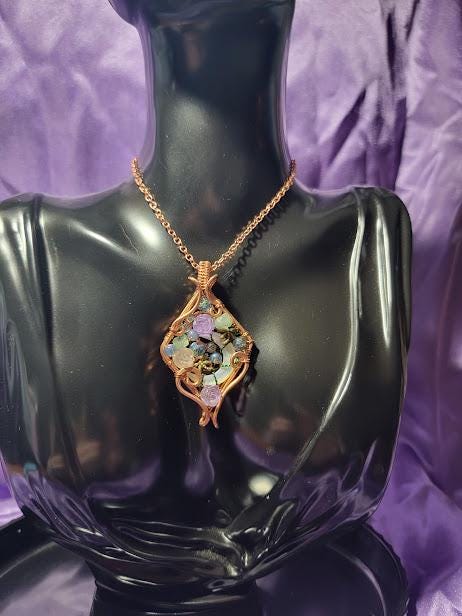 Mother of Pearl Crescent Moon w/ Assorted Glass Beads and Amethyst & Rose Quartz Roses in Untreated Raw Coppper