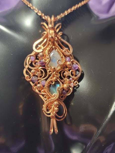 Double Bailed Moonstone and Labradorite Wire Wrapped Copper Pendant with Amethyst Accent Beads