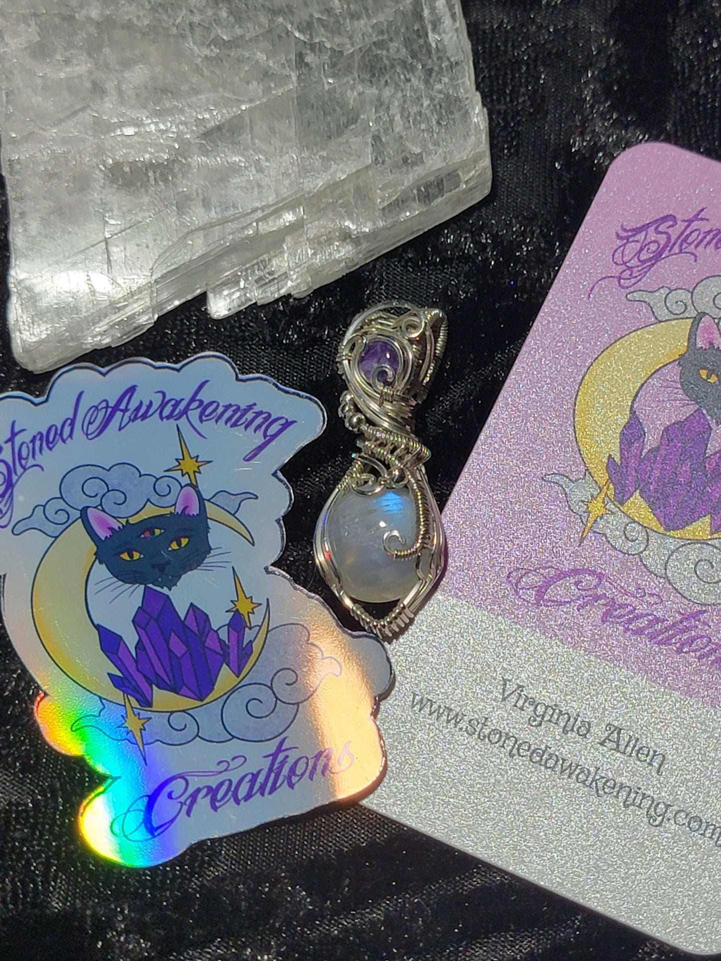 Rainbow Moonstone w/ Charoite in Sterling Silver