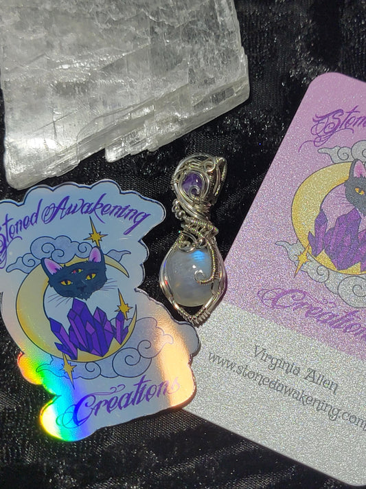 Rainbow Moonstone w/ Charoite in Sterling Silver