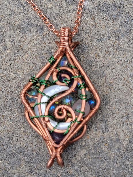 Mother of Pearl Crescent Moon w/ Assorted Glass Beads and Amethyst & Rose Quartz Roses in Untreated Raw Coppper