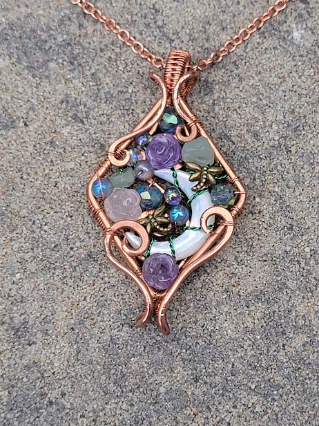 Mother of Pearl Crescent Moon w/ Assorted Glass Beads and Amethyst & Rose Quartz Roses in Untreated Raw Coppper