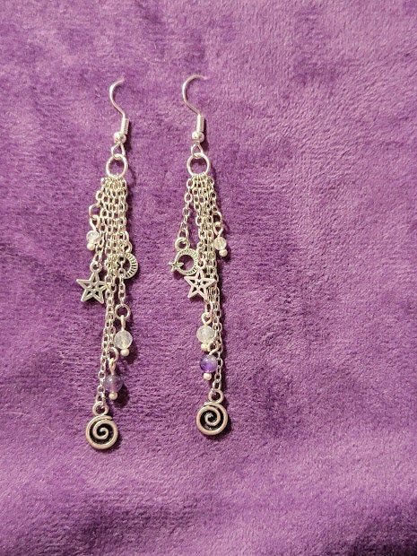 Dangly Celestial Earrings on Silver Plated Wire & Chain