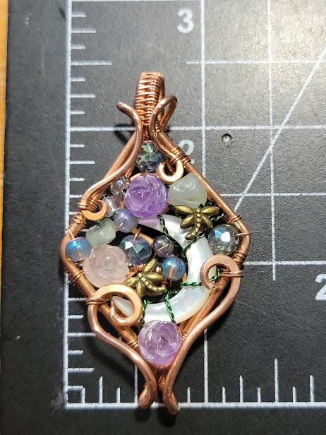Mother of Pearl Crescent Moon w/ Assorted Glass Beads and Amethyst & Rose Quartz Roses in Untreated Raw Coppper