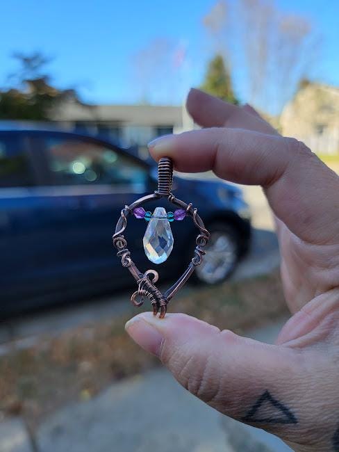 Antiqued Copper and Glass Sun-Catcher Wire Wrapped Pendant