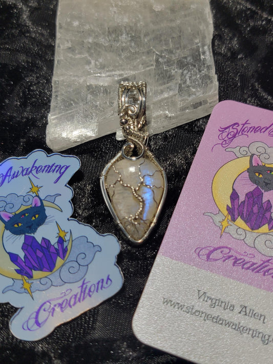 Flashy Belomorite w/Clear Quartz in Sterling Silver Tree Pendant