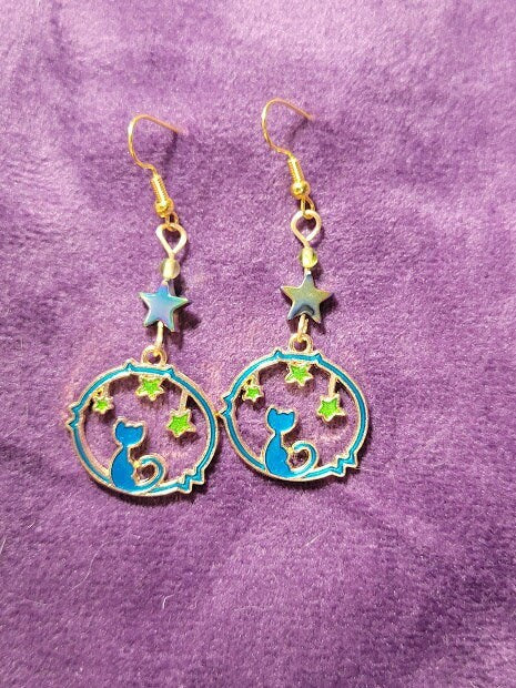 Dangly Cat on the Moon Earrings - Gold Plated