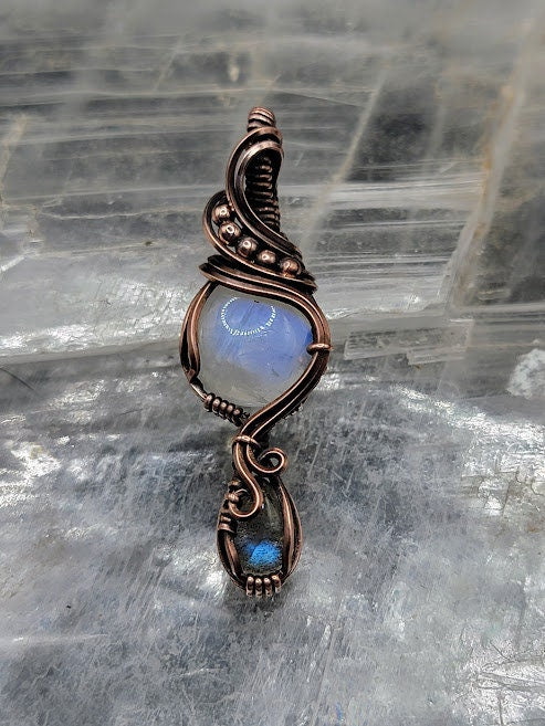 Rainbow Moonstone w/ Labradorite in Antiqued Copper