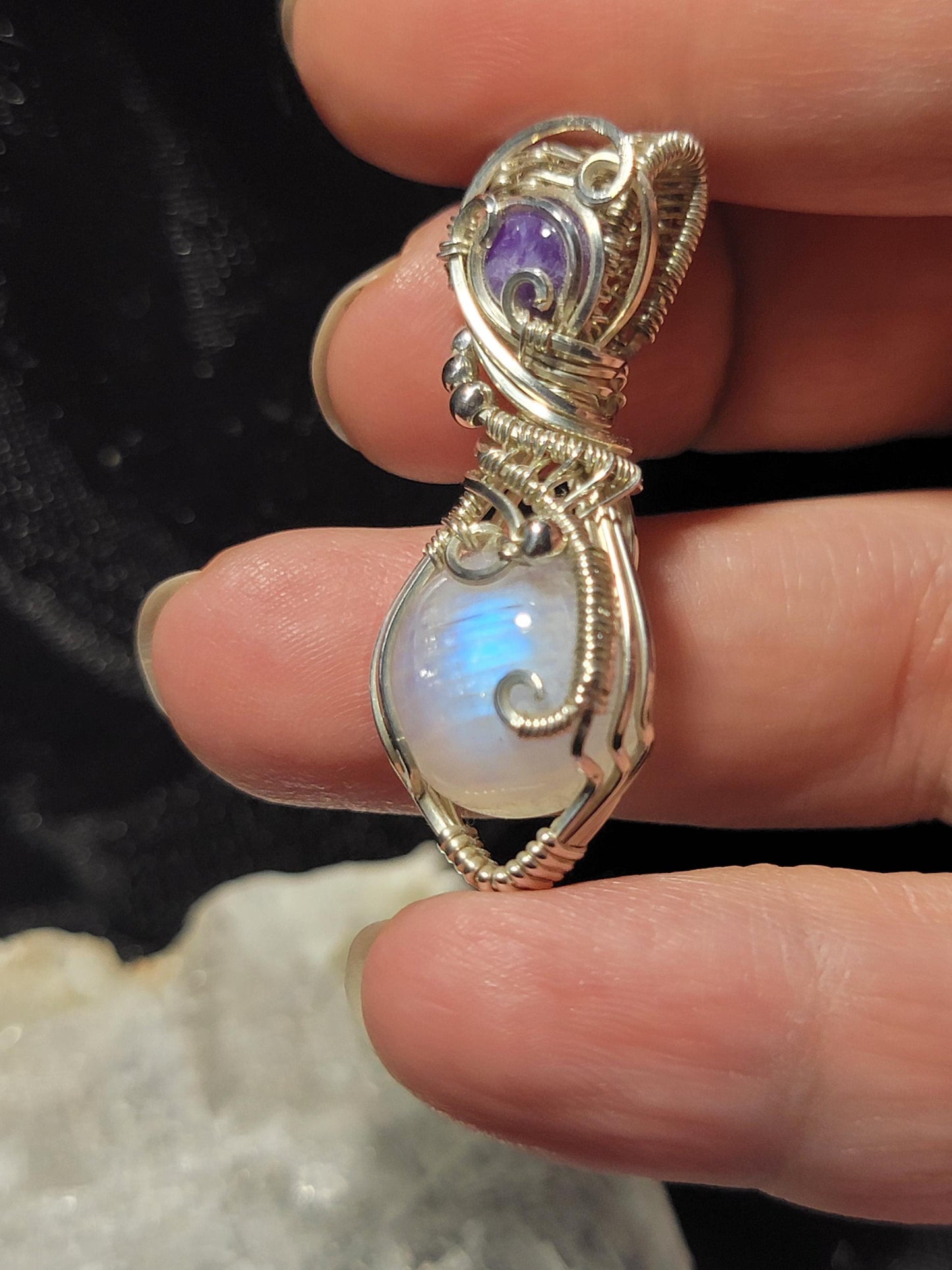 Rainbow Moonstone w/ Charoite in Sterling Silver