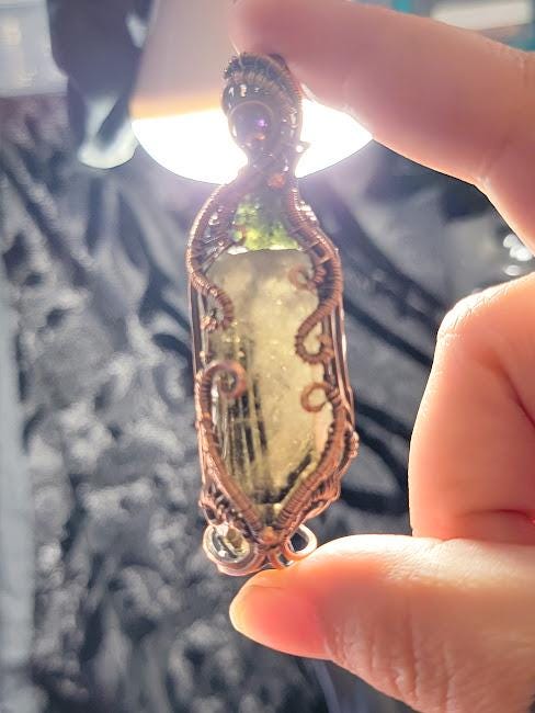 Divine Intuition Talisman - Raw Smoky Quartz Point w/ Genuine Rough Moldavite Chunk & Smooth Amethyst in Antiqued Copper Pendant
