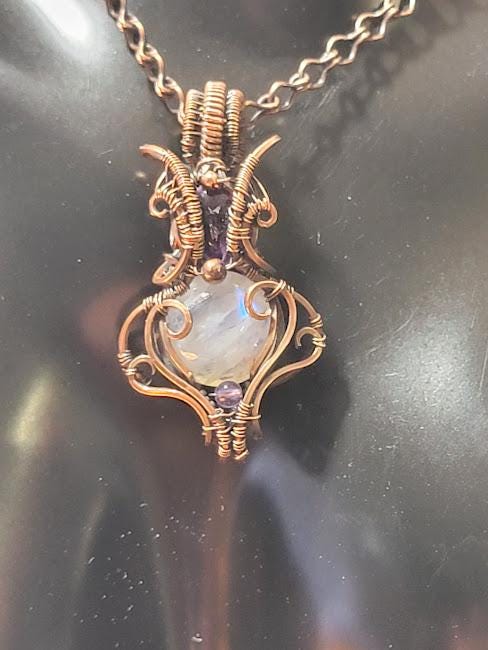 Moonstone with Amethyst in Antiqued Copper Hand Wrapped Pendant