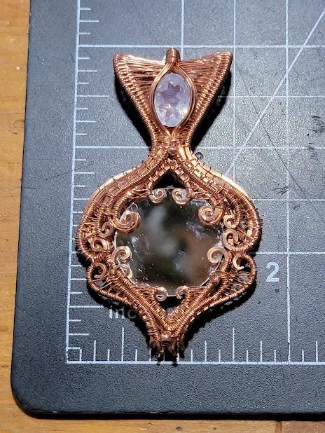Wire Wrapped Mirror Pendant with Lavender Moon Quartz in Raw Copper with Handmade Amethyst & Moonstone Copper Chain - Double Sided Pendant