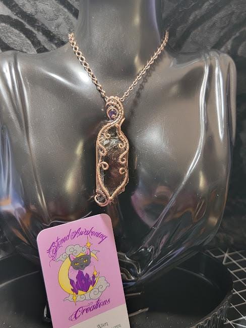 Divine Intuition Talisman - Raw Smoky Quartz Point w/ Genuine Rough Moldavite Chunk & Smooth Amethyst in Antiqued Copper Pendant