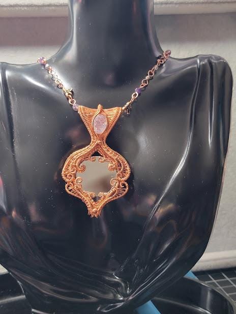 Wire Wrapped Mirror Pendant with Lavender Moon Quartz in Raw Copper with Handmade Amethyst & Moonstone Copper Chain - Double Sided Pendant