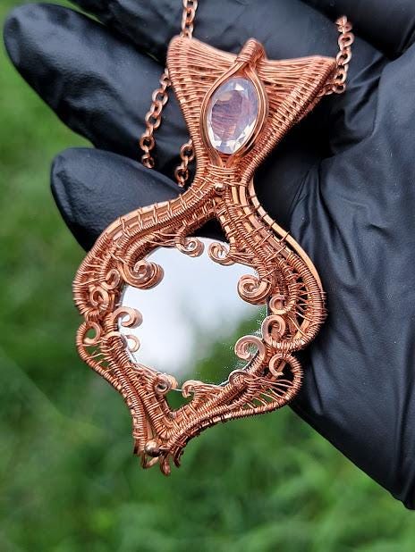 Wire Wrapped Mirror Pendant with Lavender Moon Quartz in Raw Copper with Handmade Amethyst & Moonstone Copper Chain - Double Sided Pendant