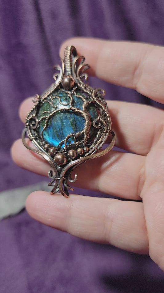 Double Sided Labradorite Tree of LIfe/Crescent Moon Statement Pendant - Antiqued Copper